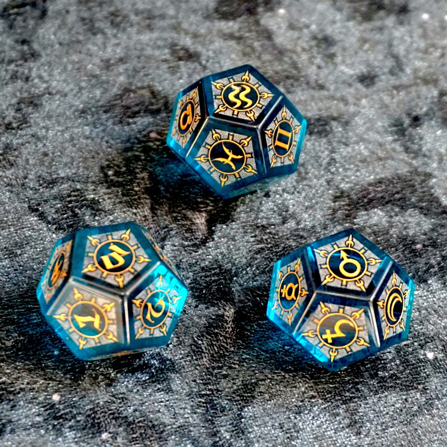 Engraved Blue Zircon Gemstone Astrology Dice Set