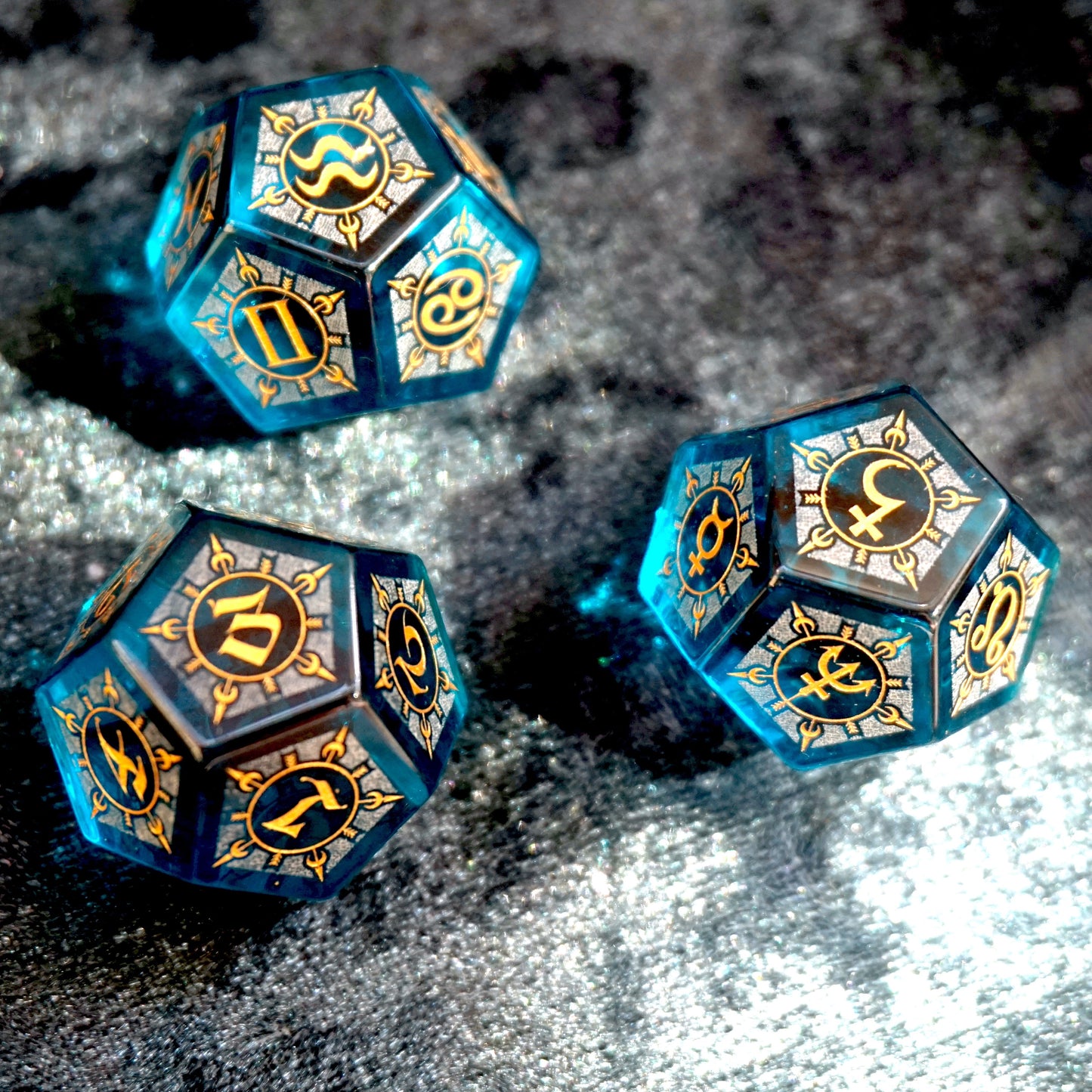 Engraved Blue Zircon Gemstone Astrology Dice Set